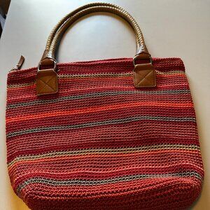 Woven Red Stripe Shoulder Bag with Tan Handles